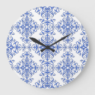 Grande Horloge Ronde Damier floral élégant bleu cobalt et blanc
