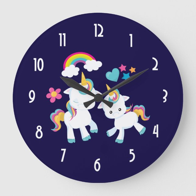 Grande Horloge Ronde Danses Cute Unicorns Magique Rainbow & Stars (Recto)