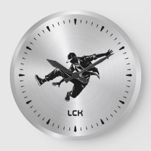 Grande Horloge Ronde Danseur Hip hop en argent métallique Noir Silhouet