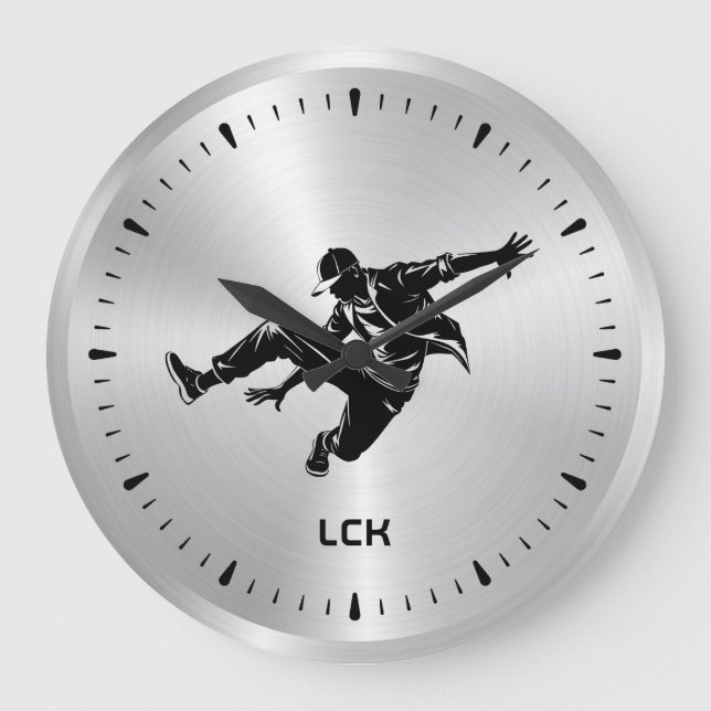 Grande Horloge Ronde Danseur Hip hop en argent métallique Noir Silhouet (Recto)