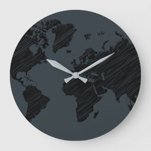 Grande Horloge Ronde Dark Gray & Black Abstract World Map Design