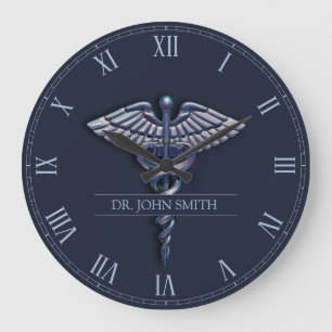 Grande Horloge Ronde Dark Holographic 3D Médicale Caduceus Nom Chrome