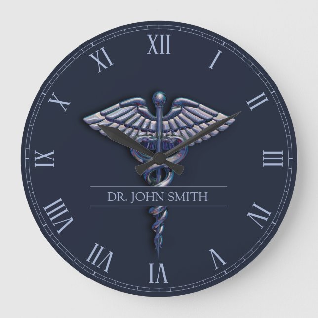 Grande Horloge Ronde Dark Holographic 3D Médicale Caduceus Nom Chrome (Recto)