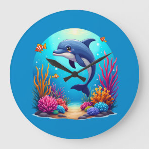 Grande Horloge Ronde Dauphin Fantaisiste dans un Récif de Corail Vibran