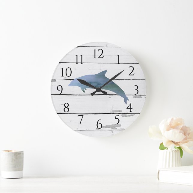 Grande Horloge Ronde Dauphin nautique Shiplap Beach Décor rustique (Maison)