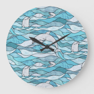 Grande Horloge Ronde Dauphins de verre tendu de l'océan bleu