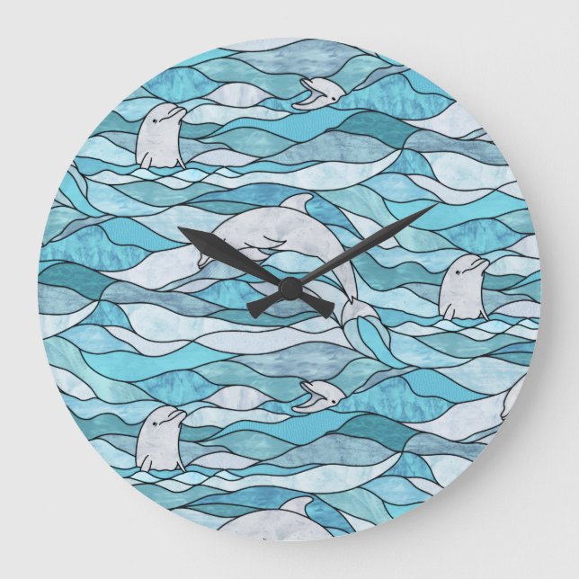 Grande Horloge Ronde Dauphins de verre tendu de l'océan bleu (Recto)