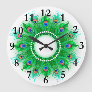Grande Horloge Ronde Décodeur de Peacock Feather