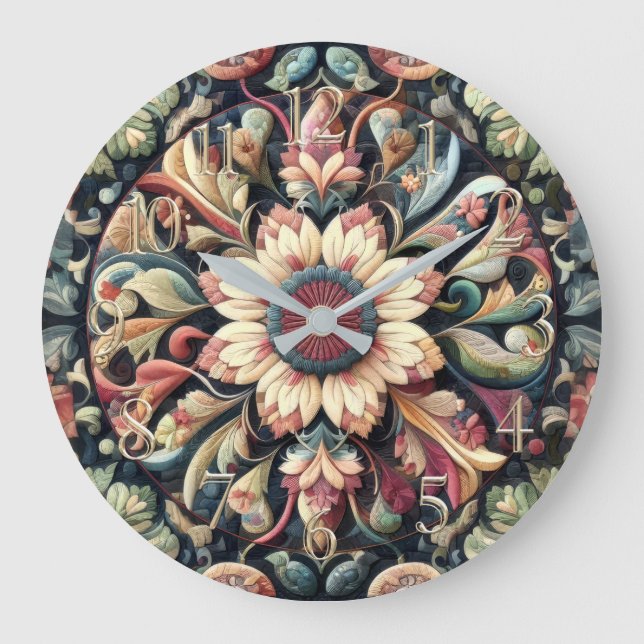 Grande Horloge Ronde Décor Abstrait de fleurs couronnées (Recto)