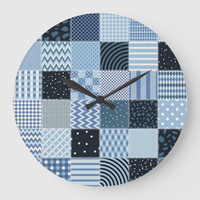 Grande Horloge Ronde Décor de courtepointe, patchwork géométrique, tons (Recto)