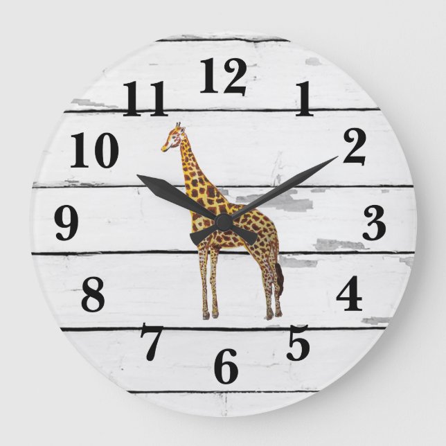 Grande Horloge Ronde Décor de faune de girafe Shiplap rustique (Recto)