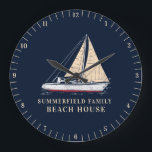 Grande Horloge Ronde Décor de la plage de bateau à voile marin<br><div class="desc">Le thème nautique familial design avec voilier, et la typographie moderne qui fait une maison de plage parfaite ou faire semblant de décoration cabine Découvrez les autres articles correspondants comme tee - shirts pour le reste de la famille - maman, papa, frère, soeur, et cousin. Accessoires nautiques, y compris les...</div>