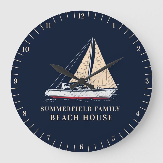 Grande Horloge Ronde Décor de la plage de bateau à voile marin (Recto)