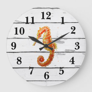 Grande Horloge Ronde Décor de plage de Seahorse Navette rustique
