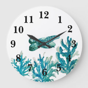 Grande Horloge Ronde Décor de récif de corail bleu marine de tortue mar