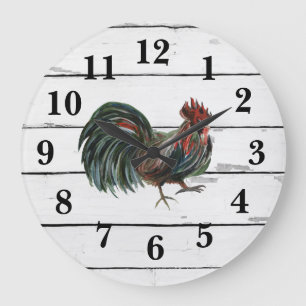 Grande Horloge Ronde Décor de Rooster Rustic Shiplap