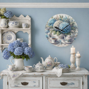 Grande Horloge Ronde Décor de service à thé floral de ferme en bleu Hyd