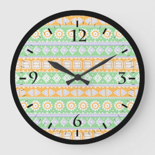 Grande Horloge Ronde Décor ethnique motif vert orange