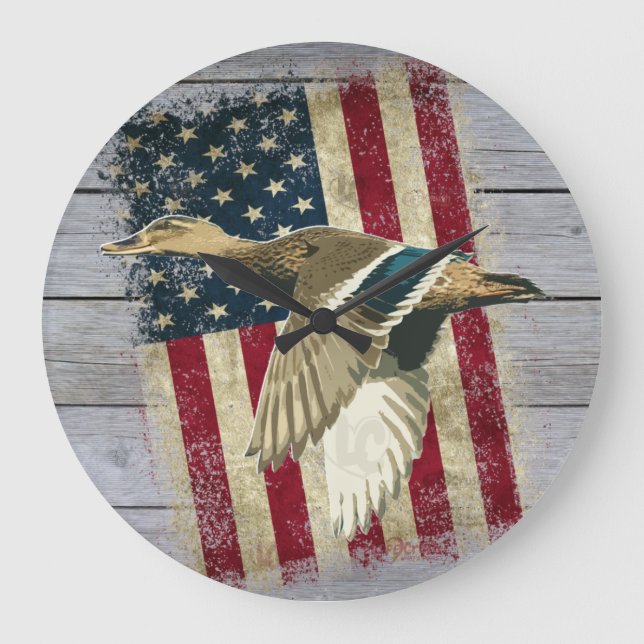 Grande Horloge Ronde Décor Patriotique Flying Mallard Duck Chasse (Recto)
