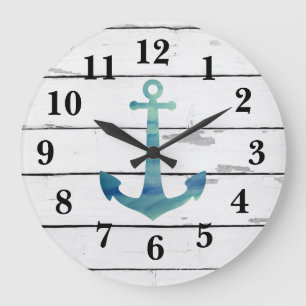 Grande Horloge Ronde Décor rustique Ancre bleu marine