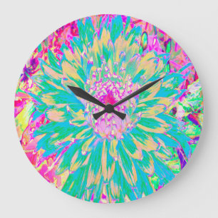 Grande Horloge Ronde Décor Turquoise vert et rose chaud Dahlia Flower