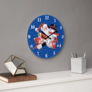 Grande Horloge Ronde Décor vintage Noël Père Noël et fête des neig
