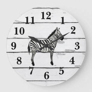 Grande Horloge Ronde Décoration de faune de zèbre Shiplap rustique