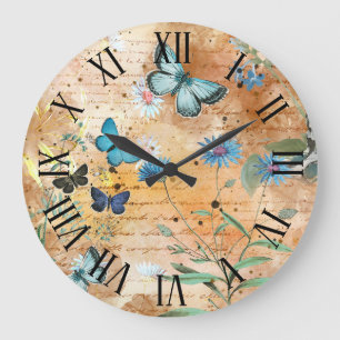 Grande Horloge Ronde Découpage de l'éphémère papillon Vintage
