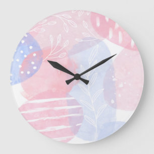 Grande Horloge Ronde Delicate Blush and Blue Abstract Watercolor Shapes