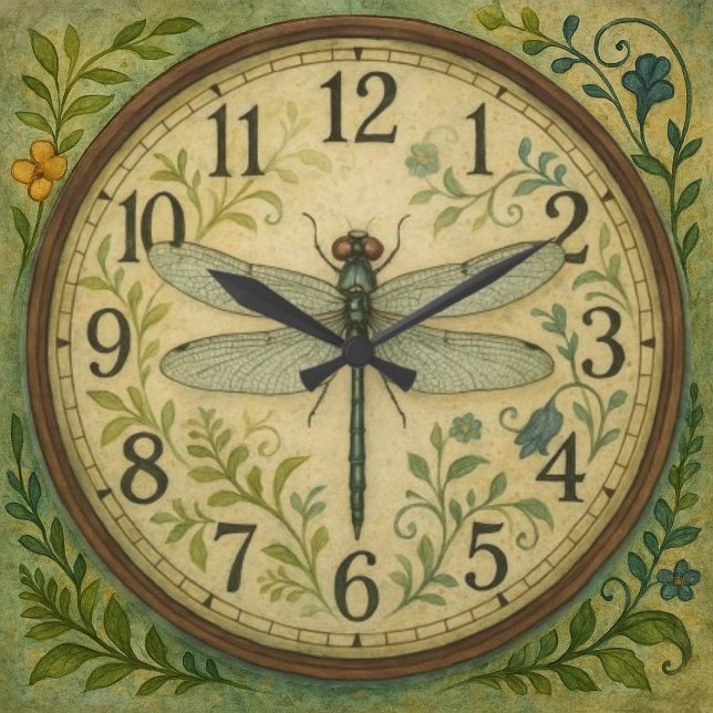 Grande Horloge Ronde Delicate dragonfly artwork insect art garden style (Créateur téléchargé)