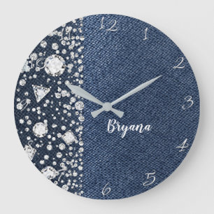 Grande Horloge Ronde Denim Bleu Jean & Diamants Strass Coeur Diamant