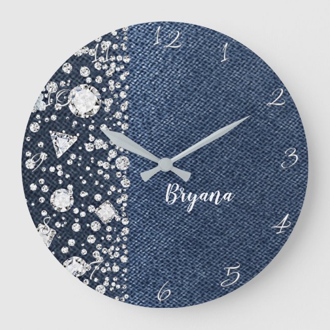 Grande Horloge Ronde Denim Bleu Jean & Diamants Strass Coeur Diamant (Recto)