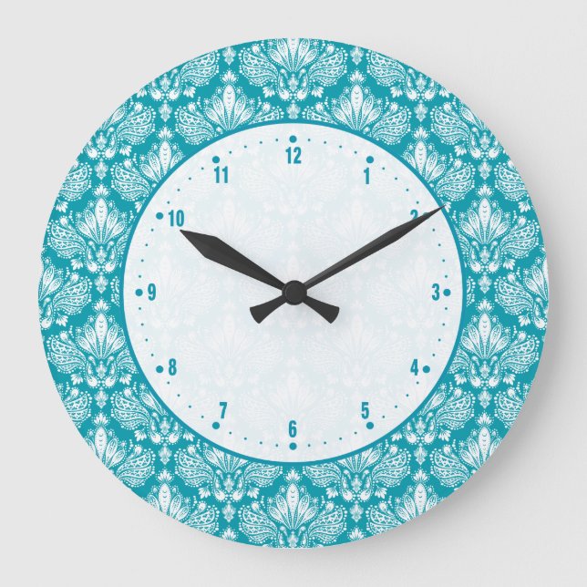 Grande Horloge Ronde Dentelle florale Turquoise et blanche (Recto)