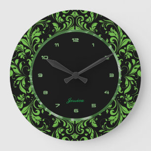Grande Horloge Ronde Dentelle florale verte sur Arrière - plan noir