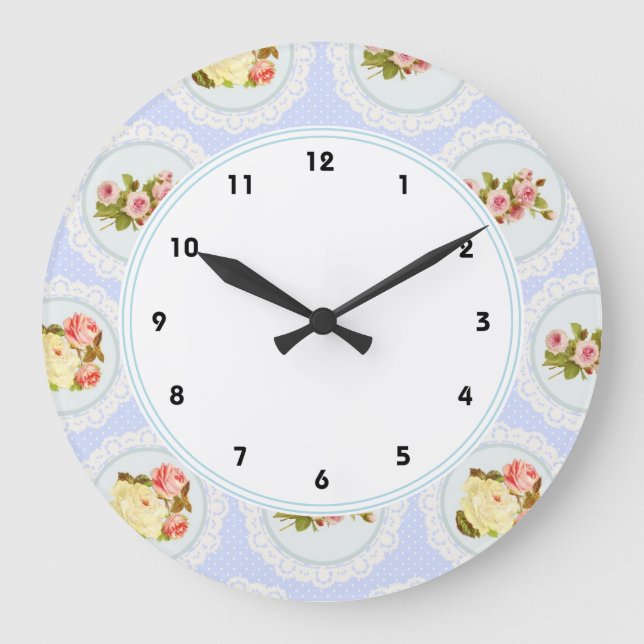 Grande Horloge Ronde Dentelle victorienne Floral shabby chic mur bleu h (Recto)