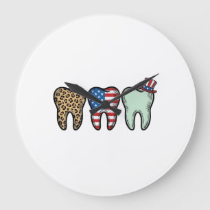 Grande Horloge Ronde Dentiste Patriotique Dent Vintage Léopard Chemise 