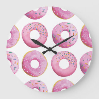 Grande Horloge Ronde Des beignets roses, un motif coloré à la sucrerie.
