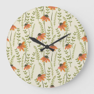 Grande Horloge Ronde Des fougères vertes, des fleurs oranges, de la nat