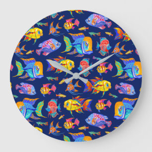 Grande Horloge Ronde Des poissons tropicaux amusants sur bleu foncé