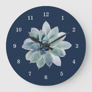 Grande Horloge Ronde Désert Botanique Succulent Élégant Marine Bleu