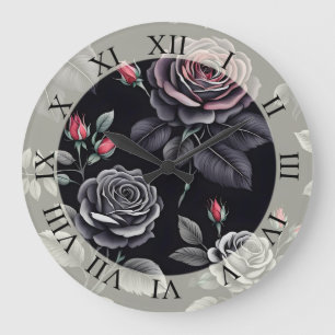 Grande Horloge Ronde Design d'art floral Rose sombre