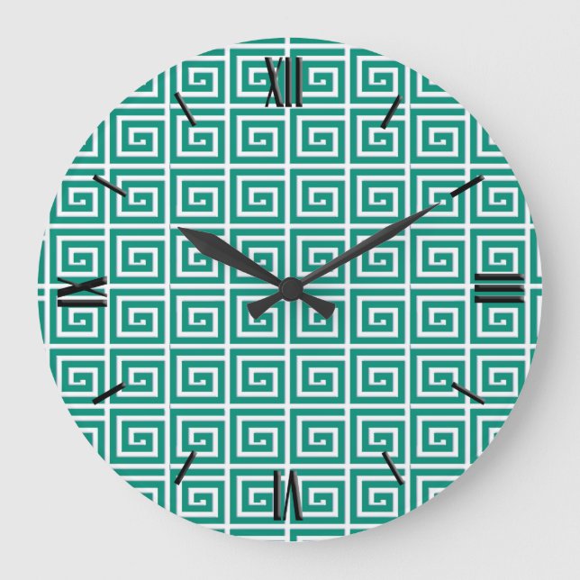 Grande Horloge Ronde Design de clé grecque - turquoise et blanc (Recto)