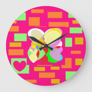 Grande Horloge Ronde Design de coeurs heureux en pastels et carré