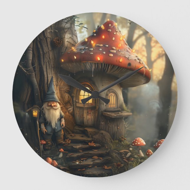 Grande Horloge Ronde Design de gnome et de champignon (Recto)