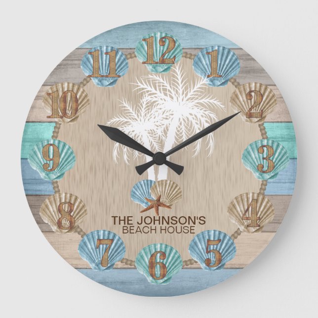 Grande Horloge Ronde Design en bois de plage nautique avec palmier (Recto)