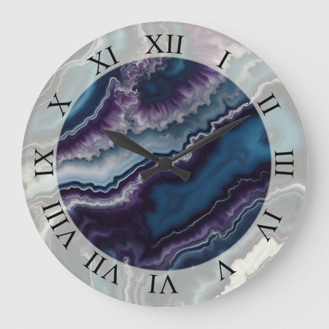 Grande Horloge Ronde Design en marbre violet bleu blanc (Recto)