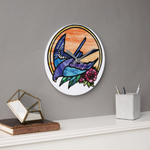Grande Horloge Ronde Design en vitrail bleu et rouge rose