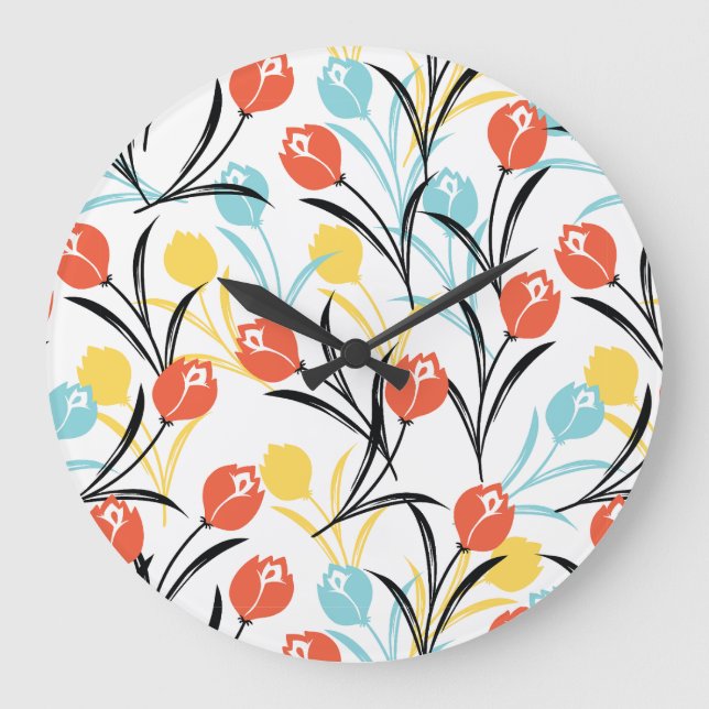Grande Horloge Ronde Design floral Motif de Tulipe en blanc (Recto)