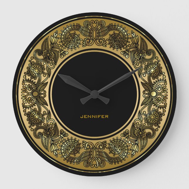 Grande Horloge Ronde Design Floral Noir Et Or (Recto)
