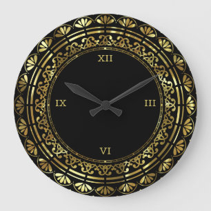 Grande Horloge Ronde Design Floral Vintage Or Et Noir